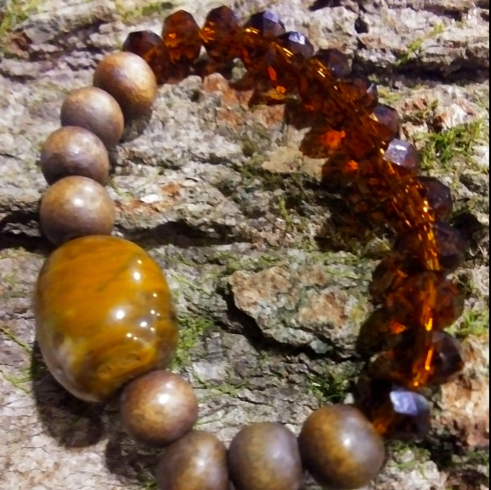 Natural gemstone, wood and bead bracelet